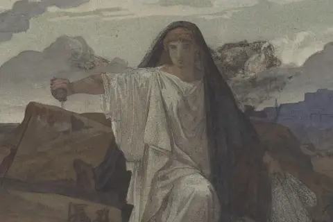 Antygona, symbol tragizmu w antyku, z mieczem w dłoni, w żałobnej szacie.