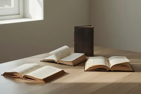Na drewnianym stole leżą otwarte książki, jedna z nich to bestseller. Światło wpada przez okno, tworząc cienie.