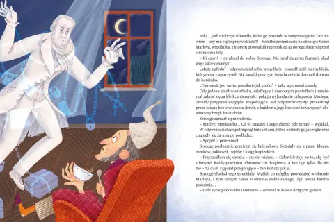 Duch Marleya, z łańcuchami, nawiedza Scrooge'a, autora opowieści wigilijnej.