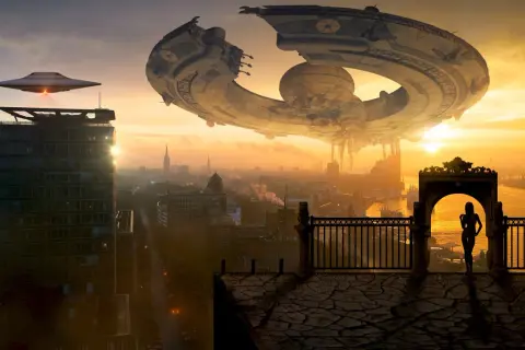 Widok na miasto z latającymi statkami kosmicznymi i sylwetką kobiety na balkonie. To obraz antyutopii, gdzie technologia dominuje nad ludzkością.