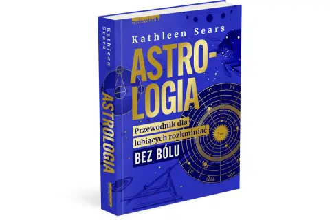 Okładka książki "Astrologia" Kathleen Sears, z motywami kosmicznymi i horoskopem. Podobnie jak w "The Luminaries" Eleanor Catton, odkryj sekrety wszechświata.