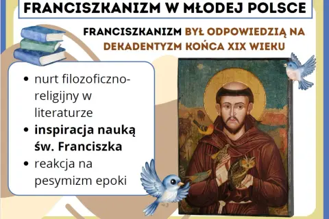 Franciszkianizm w Młodej Polsce: nurt filozoficzno-religijny, inspiracja nauką św. Franciszka, reakcja na pesymizm epoki. Obraz przedstawia św. Franciszka z ptakami.