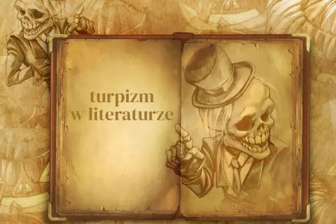 Otwarta księga z napisem "turpizm w literaturze". Po lewej szkic szkieletu w cylindrze, po prawej drugi szkielet w garniturze i cylindrze.