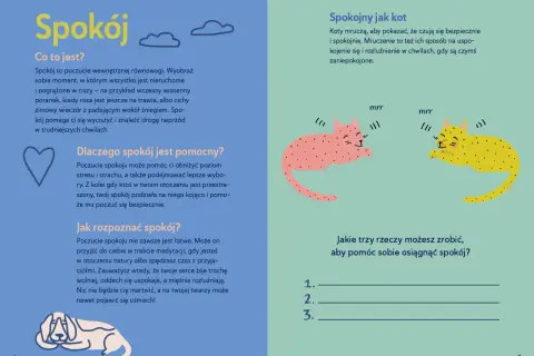 Pamflet o tym, co to spokój, jak go rozpoznać i dlaczego jest ważny. Ilustracje kotów mruczących dla spokoju.