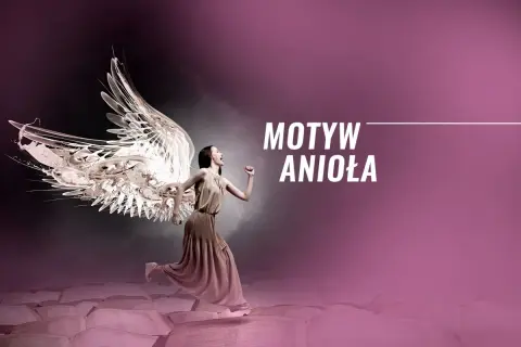 Kobieta z anielskimi skrzydłami biegnie po otwartych księgach. Napis "Motyw Anioła".