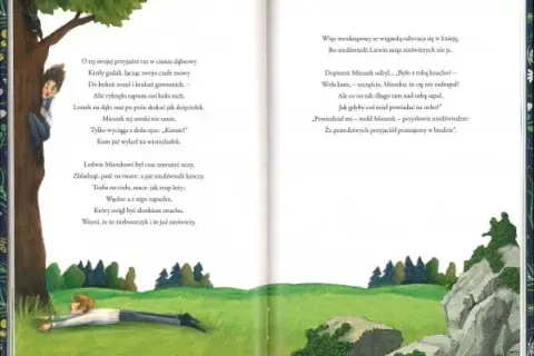 Ilustracja do wierszy Adama Mickiewicza. Chłopiec leży na trawie, a nad nim wisi chłopiec na drzewie.