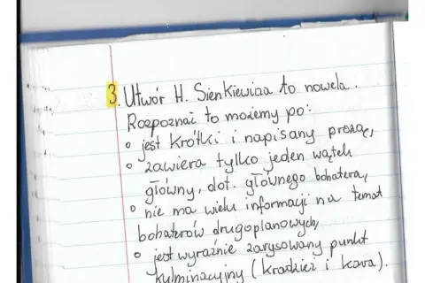 Notatki o noweli Sienkiewicza, np. "Janko Muzykant streszczenie". Krótka forma, jeden wątek główny, brak informacji o bohaterach drugoplanowych, wyraźny punkt kulminacyjny.