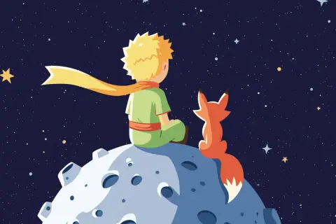 Mały Książę i Lis patrzą na gwiazdy. W tle kosmos, przypominający o cytatach z tej książki.