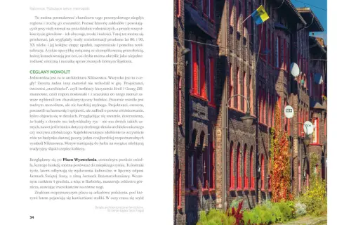 Ceglana zabudowa Nikiszowca, przykład architektury z książek o Śląsku. Czerwone okna i detale architektoniczne.