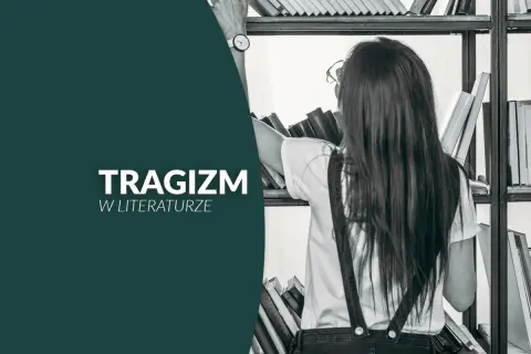 Dziewczyna szuka w bibliotece książek, które ukazują, jak literatura antyczna przedstawia tragizm ludzkiego losu.