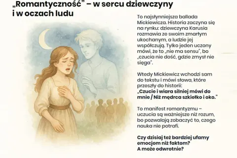 Ilustracja do ballady Mickiewicza "Romantyczność". Dziewczyna wpatrzona w księżyc, obok niej duch ukochanego.