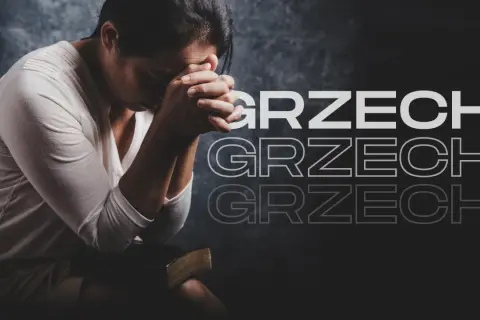 Kobieta z złożonymi dłońmi nad Biblią, pogrążona w modlitwie, symbolizująca ciężkie grzechy i pokutę.
