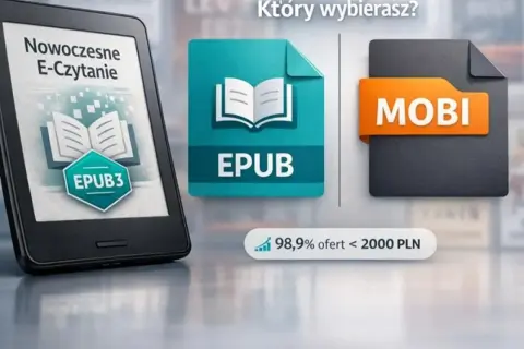 E-czytnik z napisem "Nowoczesne E-Czytanie" i logo EPUB3, obok ikony formatu EPUB i MOBI. Który wybierasz?