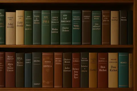 Na półkach regału stoją książki, tworząc kanon literatury światowej. Widać tytuły takie jak "Zabić drozda", "Rok 1984", "Sto lat samotności" i "Don Kichot".