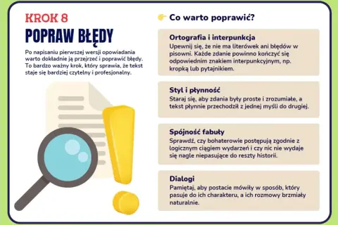 Krok 8: Popraw błędy w opowiadaniu. Lupa i wykrzyknik symbolizują przegląd tekstu.