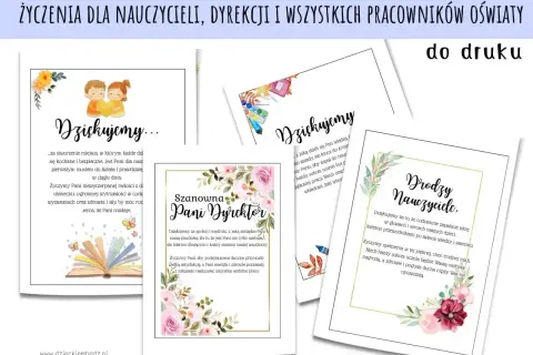 Fajne cytaty na podziękowanie dla nauczycieli i dyrekcji. Kartki z życzeniami i grafikami kwiatów, dzieci, książek.