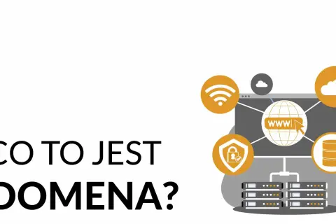 Grafika wyjaśnia, co to jest mobi i domena. Ikony symbolizują sieć, bezpieczeństwo, chmurę i serwery.