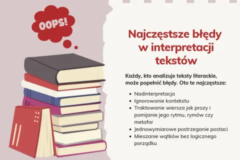 Stos książek, z których jedna ma chmurkę z napisem "OOPS!". Ilustracja przedstawia typowe błędy w interpretacji tekstów, co jest ważnym atrybutem analizy literackiej.
