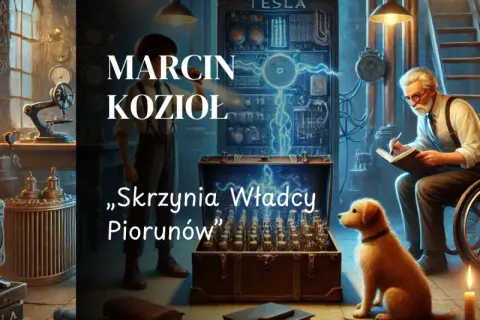 Marcin Kozioł i jego "Skrzynia Władcy Piorunów" w pracowni pełnej tajemnic. Stary wynalazca z psem przyglądają się niezwykłemu artefaktowi.