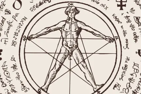 Człowiek witruwiański wpisany w okrąg i gwiazdę pięcioramienną (pentagram), otoczony tajemniczymi symbolami i pismem.