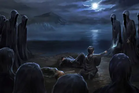 Nocna scena nad jeziorem, gdzie Harry Potter walczy z hordą dementorów.