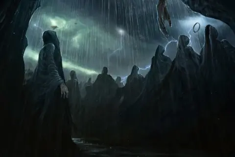 Mroczne postacie w kapturach, przypominające Dementorów z Azkabanu, stoją w deszczu pod burzowym niebem.