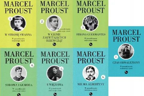 Kolekcja książek francuskiego pisarza Marcela Prousta, z jego portretami na okładkach.