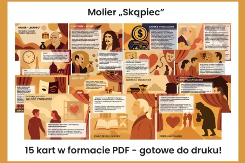 Skąpiec bohaterowie: Harpagon, jego dzieci Eliza i Kleant, oraz ich otoczenie. Komedia Moliera ukazuje zgubne skutki chciwości i materializmu.