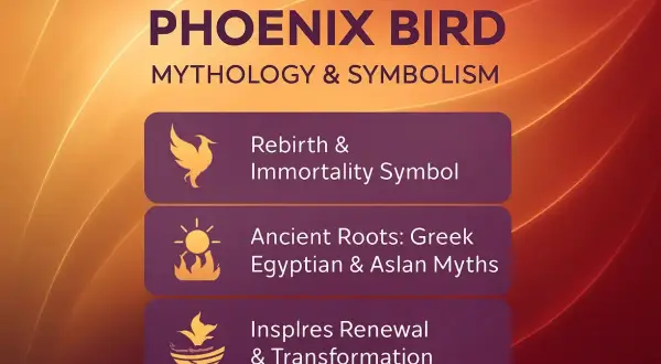 Grafika z napisem "Phoenix Bird Mythology & Symbolism" i ikonami symbolizującymi odrodzenie, starożytne mity i odnowę.
