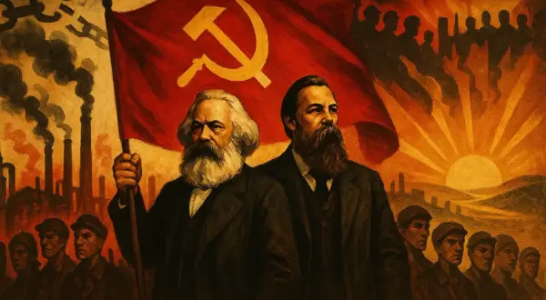 Karol Marks i Fryderyk Engels na tle czerwonej flagi z sierpem i młotem, symbolizującej komunizm. W tle przemysłowe fabryki i wschód słońca nad miastem.