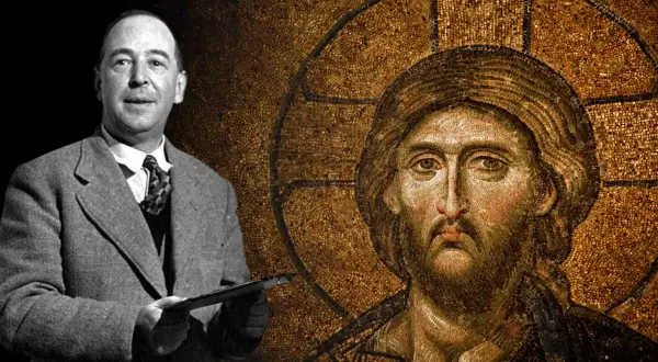 C.S. Lewis, autor "Opowieści z Narnii", obok mozaiki przedstawiającej Jezusa Chrystusa.