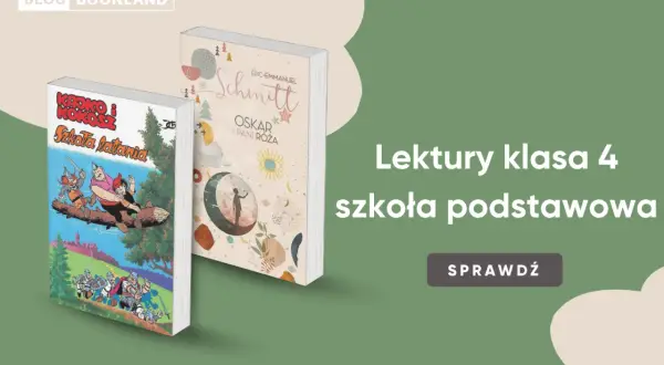 Lektury klasa 4: "Kajko i Kokosz. Szkoła latania" oraz "Oskar i Pani Róża" na zielonym tle.