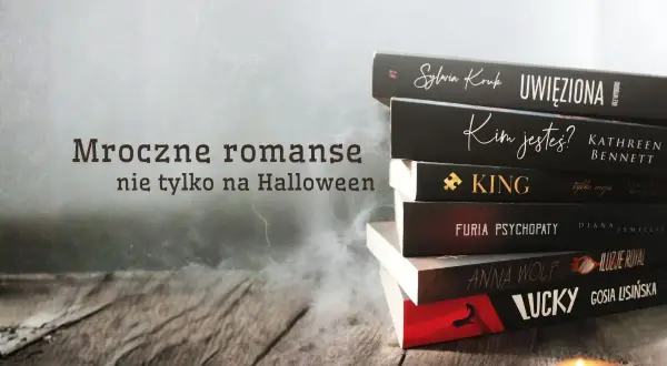 Stos czarnych książek z tytułami jak "Uwięziona" i "Furia Psychopaty" sugeruje mroczne romanse, idealne na jesienne wieczory.