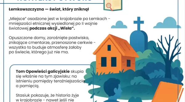 Krajobraz z opuszczonym domem i cmentarzem, nawiązujący do "Opowieści galicyjskich" Andrzeja Stasiuka.