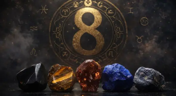Pięć kryształów przed złotym znakiem nieskończoności i zodiaku. Symbolizuje to numerologiczną 8, moc i równowagę.