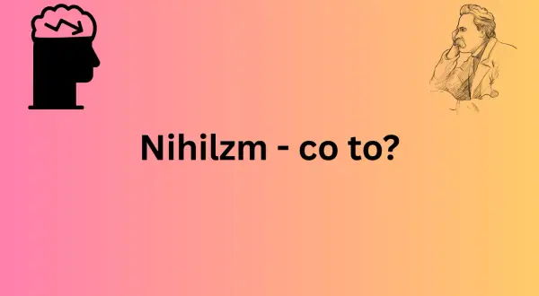 Czarna głowa z mózgiem i strzałką symbolizuje rozważania nad nihilizmem. Obok szkic Nietzschego.