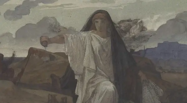Antygona, symbol tragizmu w antyku, z mieczem w dłoni, w żałobnej szacie.