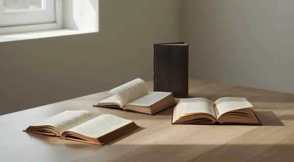 Na drewnianym stole leżą otwarte książki, jedna z nich to bestseller. Światło wpada przez okno, tworząc cienie.