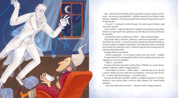 Duch Marleya, z łańcuchami, nawiedza Scrooge'a, autora opowieści wigilijnej.