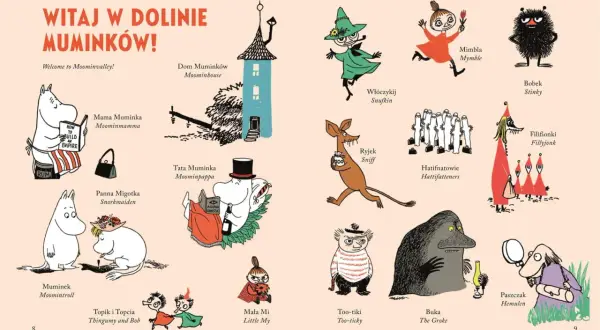 Witaj w Dolinie Muminków! Ilustracja przedstawia znane muminki postacie: Muminka, Mamę Muminka, Tatę Muminka, Włóczykija, Paszczaka i inne.