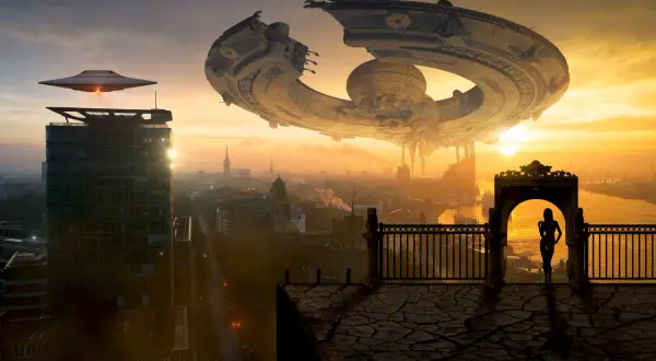 Widok na miasto z latającymi statkami kosmicznymi i sylwetką kobiety na balkonie. To obraz antyutopii, gdzie technologia dominuje nad ludzkością.