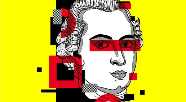 Portret z geometrycznymi elementami, jakby z wizji sądu ostatecznego. Czerwone pasy na oczach i czarno-biała szachownica dodają dramatyzmu.