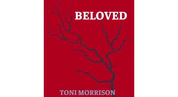 Okładka książki "Umiłowana" Toni Morrison z białym napisem i pęknięciami na czerwonym tle.