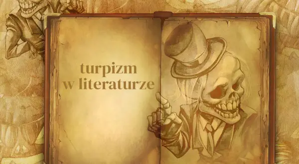 Otwarta księga z napisem "turpizm w literaturze". Po lewej szkic szkieletu w cylindrze, po prawej drugi szkielet w garniturze i cylindrze.