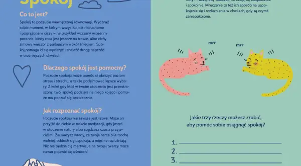 Pamflet o tym, co to spokój, jak go rozpoznać i dlaczego jest ważny. Ilustracje kotów mruczących dla spokoju.