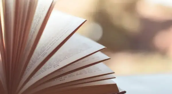 Otwarta książka, strony falują, ukazując tekst. To jak synkretyzm w literaturze, gdzie różne wątki splatają się w jedną opowieść.