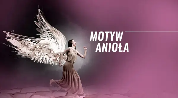 Kobieta z anielskimi skrzydłami biegnie po otwartych księgach. Napis "Motyw Anioła".