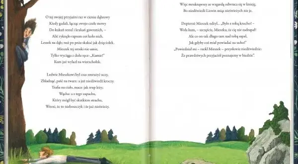 Ilustracja do wierszy Adama Mickiewicza. Chłopiec leży na trawie, a nad nim wisi chłopiec na drzewie.