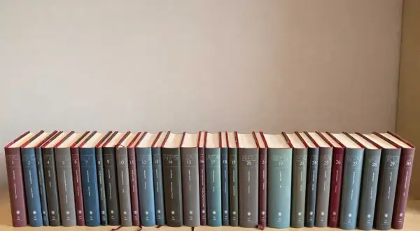 Rząd książek z numerowanymi tomami, tworzący kolekcję klasyki literatury światowej.