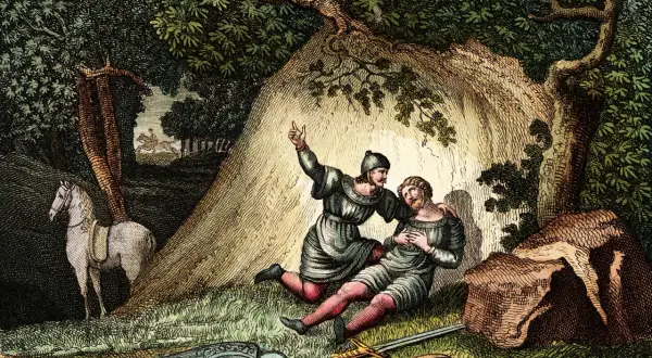 Rycerz pociesza rannego towarzysza. Scena nawiązuje do "Pieśni o Rolandzie", streszczenie epopei.